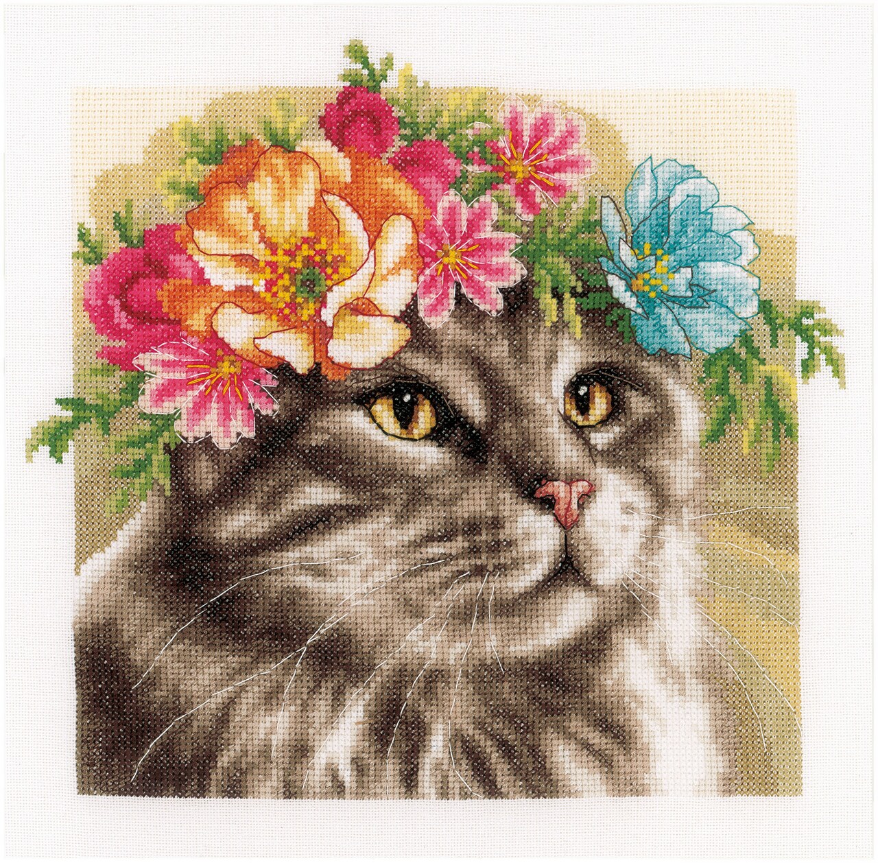 Lanarte Counted Cross Stitch Kit 11.6"X11.6"-Flower Crown Maine Coon I (27 Count)